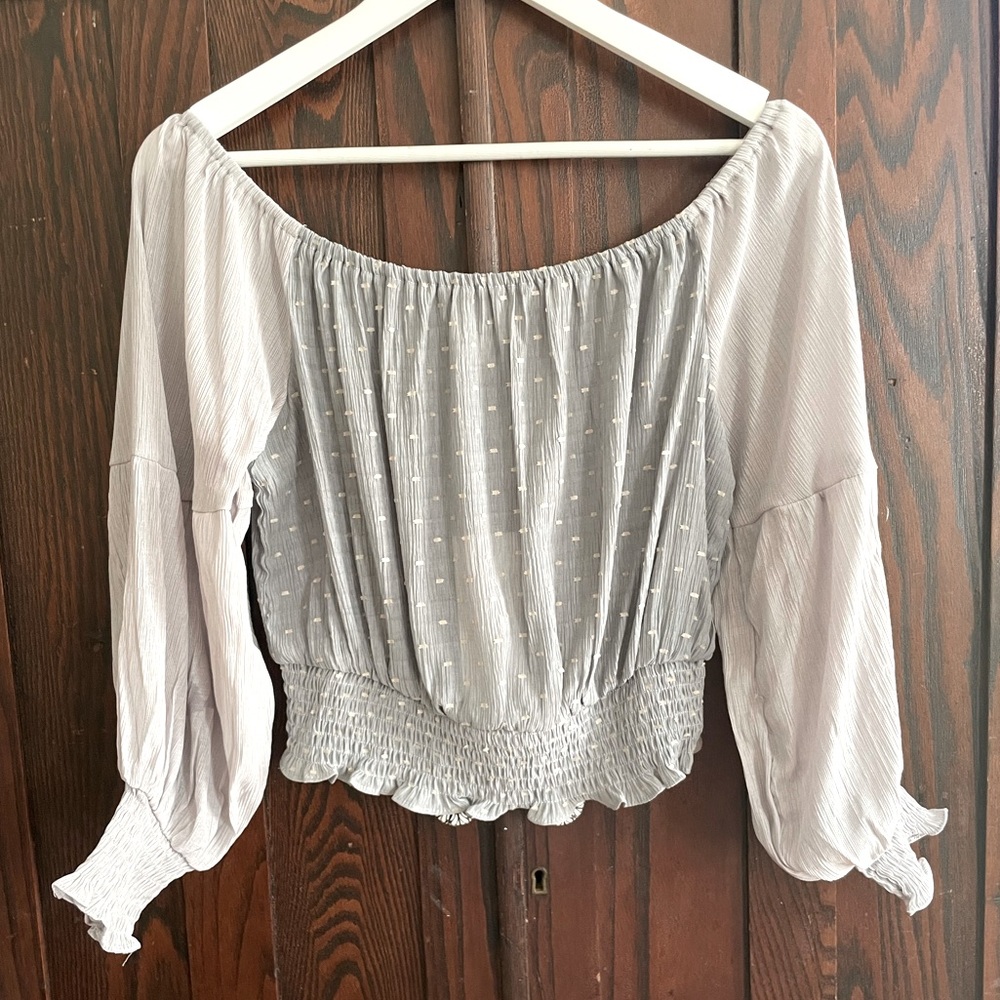 Dance & Marvel Gray Off-Shoulder Smocked Waist Puff Sleeve Women’s Crop Top